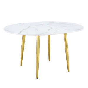 English Elm With Retractable Leaf Round Oval Mdf Top and Sleek Metal Legs Modern Dining Table White+Gold W1151S03870