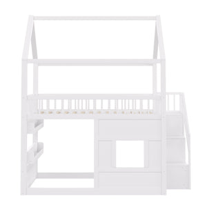 English Elm Full Size Solid Wood House Bed with Led Shelf Lighting for Kids Bedroom White N7500005026K