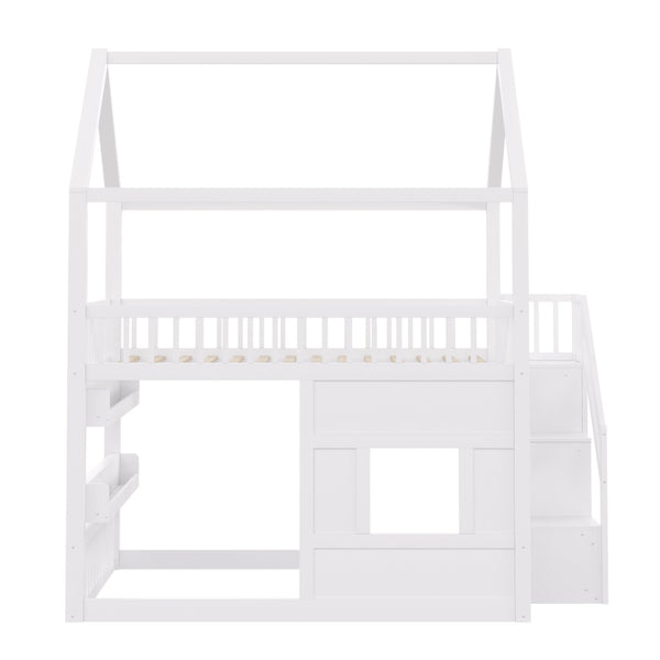 English Elm Full Size Solid Wood House Bed with Led Shelf Lighting for Kids Bedroom White N7500005026K