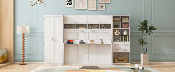 English Elm Full Size Murphy Wall Bed with Wardrobe Drawers Shelving for Studio Apartments LP000383AAK