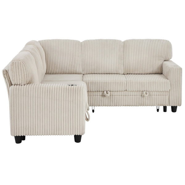 English Elm L-Shaped Sofa with Pull-Out Bed and Storage, 5-Seat Sectional with USB, Cup Holders, Cozy Chenille Beige W1998S00075