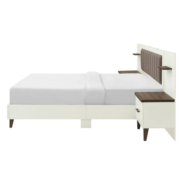 English Elm Christopher Knight Home® - King Upholstered Bed Frame with 108" Headboard and 2 Floating Nightstands, White & Brown Modern Storage N758K020304W