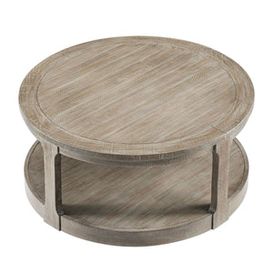 English Elm 40inch Two Tier Round Pine Wood Coffee Table with Wheels Rustic Vintage Living Room W2582P308198
