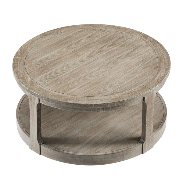 English Elm 40inch Two Tier Round Pine Wood Coffee Table with Wheels Rustic Vintage Living Room W2582P308198