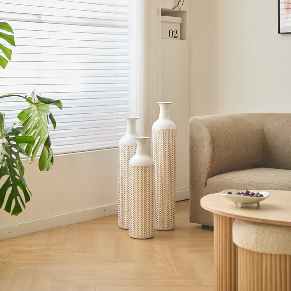 English Elm Floor Metal Vases Set Of 3 - Modern Gold & White Decorative Cylindrical Vases For Elegant Interiors W2796P255615