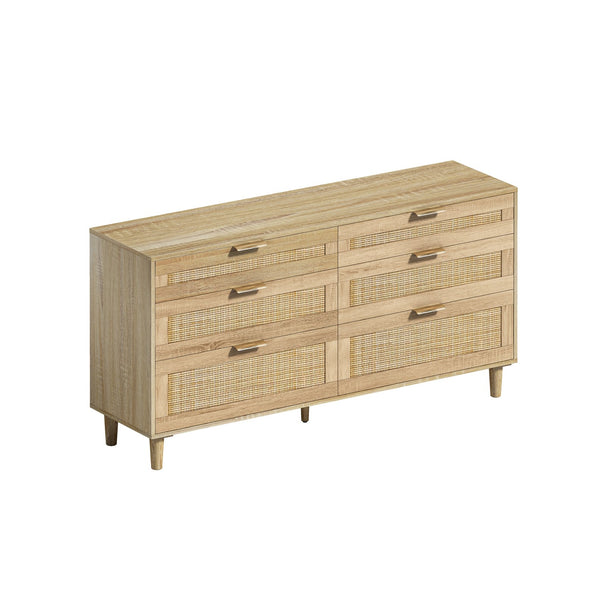 English Elm 59" Rattan Dresser with 6 Drawers – Stylish Natural Wood Finish, Metal Handles & Legs for Bedroom Storage W757P318420