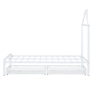 English Elm Twin Metal Platform Bed with House-Style Headboard, Sturdy Slatted Frame & Smooth Underbed Drawers for Kids and Teens (300 lb Capacity) White MF320570AAK
