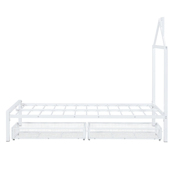 English Elm Twin Metal Platform Bed with House-Style Headboard, Sturdy Slatted Frame & Smooth Underbed Drawers for Kids and Teens (300 lb Capacity) White MF320570AAK