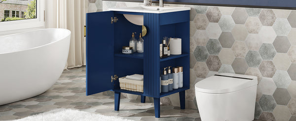 English Elm 20-inch French Style Bathroom Vanity with Integrated Ceramic Sink, Carved Accents & Soft-Close Door Blue N710P330971C