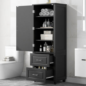 English Elm Tall Freestanding Bathroom Cabinet Two Drawers Adjustable Shelves Matte Mdf Storage Black N725P407739B