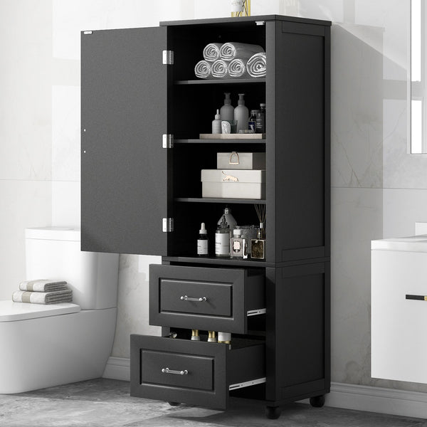 English Elm Tall Freestanding Bathroom Cabinet Two Drawers Adjustable Shelves Matte Mdf Storage Black N725P407739B