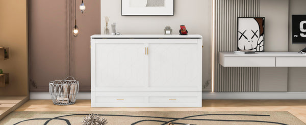 English Elm Queen Murphy Wall Bed Cabinet with Storage Drawer Built-in Power Outlets Usb Ports White LP000400AAK
