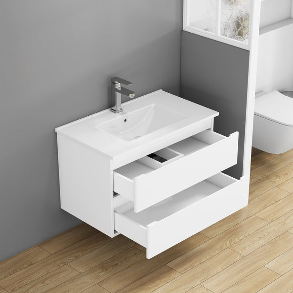 English Elm 32-Inch Wall-Mounted Bathroom Vanity With Soft-Close Sink, Double Drawers, Modern Design & Easy Install W3151S00047