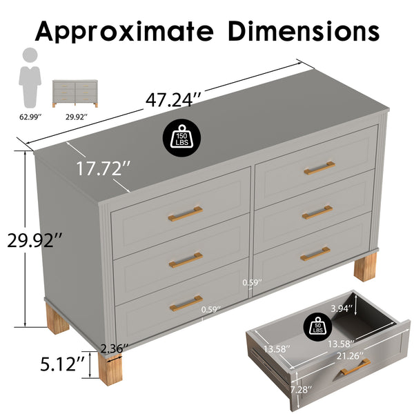 English Elm 6-drawer Solid Wood Dresser Mid-century Modern Gray Finish with Metal Bar Handles W1445P419758