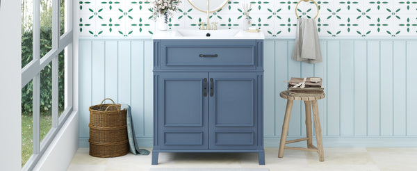 English Elm 30'' Retro Bathroom Vanity with Ceramic Sink, Solid Wood Frame, Soft-Close Doors & Ample Storage (Blue) N710P252113C