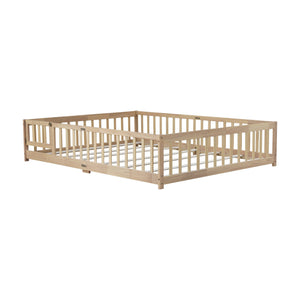 English Elm Queen Rubber Wood Floor Bed with Full Perimeter Safety Fence and Hinged Access Door Natural W504P429341