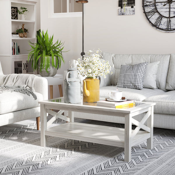 English Elm HOMCOM Farmhouse Coffee Table with Flip Lift Top and Hidden Storage, Square Center Table, Rustic Charm White Oak W2225P217445