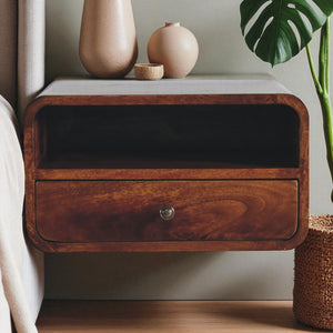 English Elm Large Solid Mango Wood Floating Nightstand with Open Shelf and Drawer Chestnut Finish B182P263115