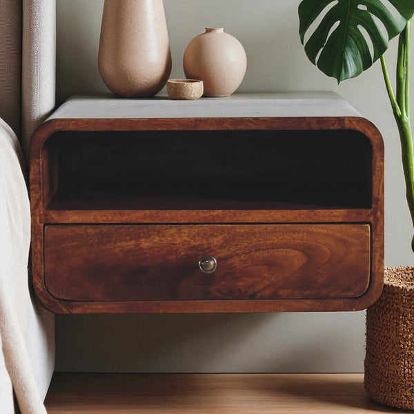 English Elm Large Solid Mango Wood Floating Nightstand with Open Shelf and Drawer Chestnut Finish B182P263115