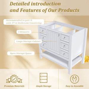 English Elm 36-inch white bathroom vanity without sink — solid wood frame, 1 cabinet, 3 drawers, quiet hardware, shelf W509P347341