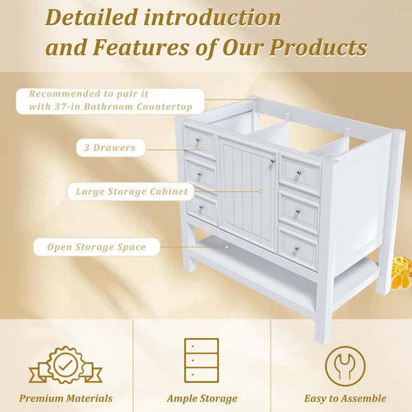 English Elm 36-inch white bathroom vanity without sink — solid wood frame, 1 cabinet, 3 drawers, quiet hardware, shelf W509P347341