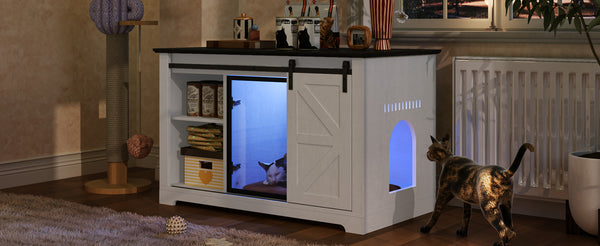 English Elm 46" Farmhouse Litter Box Enclosure with Barn Door Led Lighting and Storage Cabinet N704P402453K