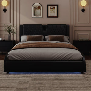 English Elm Full Faux Leather Upholstered Bed with Thick Headboard, Bluetooth Speakers, RGB LEDs & Storage Black 56.69 L x 19.69 W x 12.99 H N701P241046B