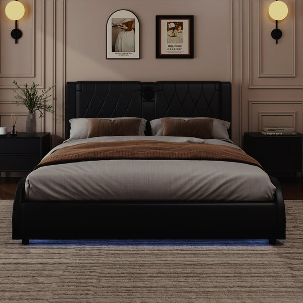 English Elm Queen Luxurious Faux Leather Platform Bed with Thick Headboard, Bluetooth Speakers & RGB Ambience Lights Black 62.6 L x 19.69 W x 12.99 H N701P241047B