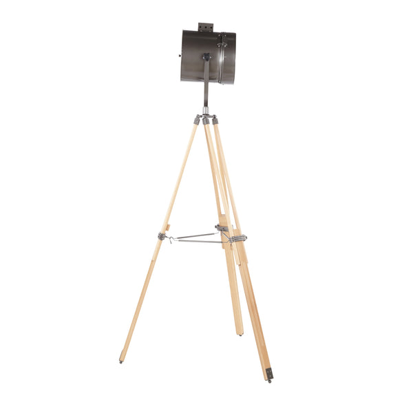 English Elm Floor Tripod Lamp Natural Wood Antique Metal Shade Adjustable Industrial Reading Light B202S01384