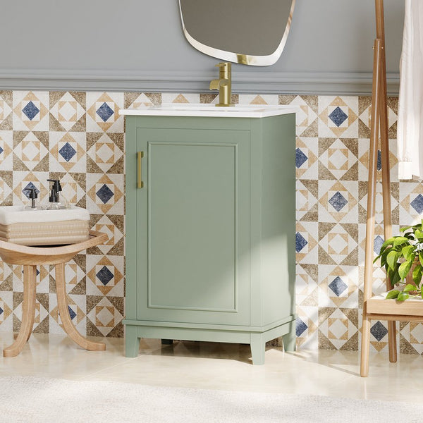 English Elm 20 Inch Modern Small Bathroom Vanity Cabinet With Ceramic Basin, Space-Saving Storage & Soft-Close Door Green N729P170386F