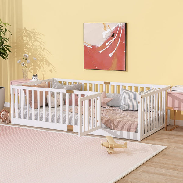 English Elm Twin House Frame Floor Bed Rubberwood with Roof Canopy and Safety Rails for Kids White W504P429538