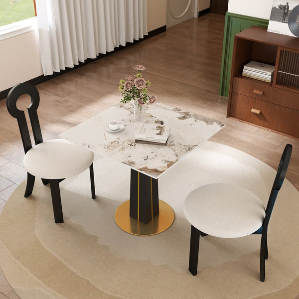 English Elm Modern Square Negotiation Table - Elegant White Sintered Stone Top With Black Legs & Gold Base W1535S00589