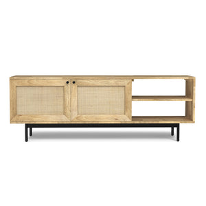 English Elm Reeves Mango Wood TV Media Stand 65" with Woven Raffia Cabinets, Black Iron Base, Natural Finish B136P203487