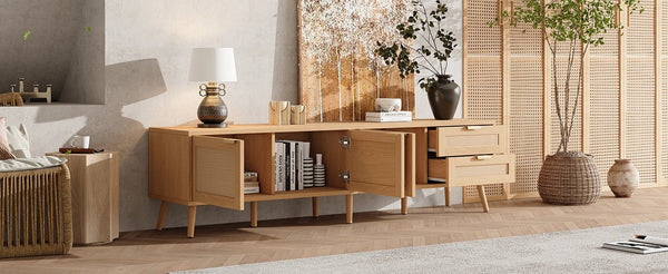 English Elm 70inch Rattan Door Media Console with Pine Legs and Cable Management for Living Room N710P365047P