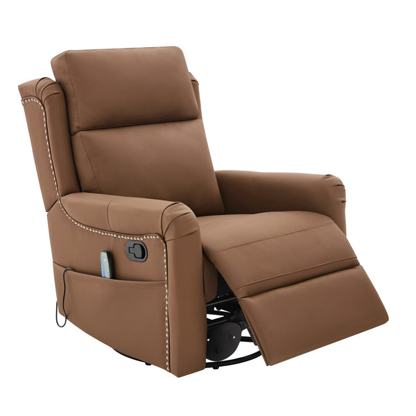 English Elm Modern Swivel Rocker Recliner Pu Leather Chair with Massage Heat and Storage Pocket Brown N763P399629D