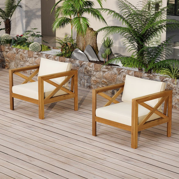 English Elm Christopher Knight Home® - Patio Conversation Set - Stylish Outdoor Acacia Wood Chairs With Cushions & Teak Finish End Table N770P264304B_57501.00ACA