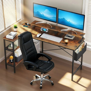 English Elm 47'' Gaming Desk with Power Outlets & USB, Reversible L-Shape Corner Desk with Monitor Stand, Storage Shelves and Side Bag for Small Spaces W3204P354196