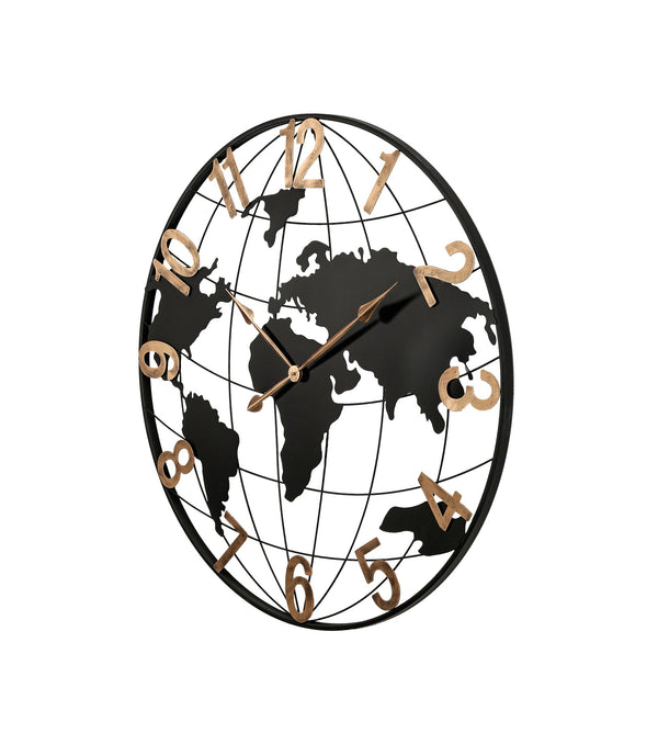 English Elm 36 Inch Large Black Metal Wall Clock - Modern Silent World Map Design With Vintage Gold Numerals W1445P249305