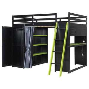 English Elm Full Size Wood Loft Bed with Wardrobe Desk Shelves Rgb Lighting and Blackout Curtains Black+Green LT000269AAF-1