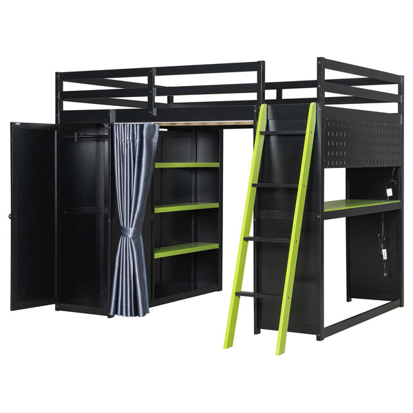 English Elm Full Size Wood Loft Bed with Wardrobe Desk Shelves Rgb Lighting and Blackout Curtains Black+Green LT000269AAF-1