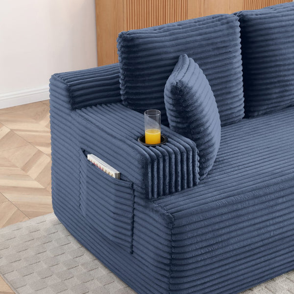 English Elm Boneless Floor Sofa Corduroy Upholstered 5 Seat Low Profile with Cup Holders for Living Room Blue W1117S00433