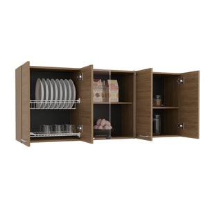 English Elm Superior Modern 150 Wall Cabinet Oak with Glass Doors, 4 Shelves, Dish Rack, Metal Handles, Locking Pin B200P286978
