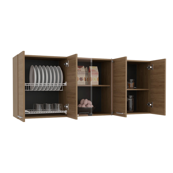 English Elm Superior Modern 150 Wall Cabinet Oak with Glass Doors, 4 Shelves, Dish Rack, Metal Handles, Locking Pin B200P286978