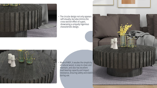 English Elm Modern Circular Black Coffee Table, 31.4-Inch Natural Wood Design For Living, Study & Dining Rooms W1727P251153