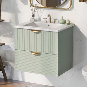 English Elm Modern 24-Inch Wall-Mounted Bathroom Vanity with 2 Drawers, Gold Handles, Space-Saving Luxury Green WF324047AAF