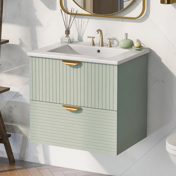 English Elm Modern 24-Inch Wall-Mounted Bathroom Vanity with 2 Drawers, Gold Handles, Space-Saving Luxury Green WF324047AAF