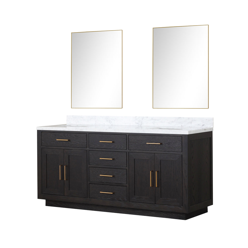 English Elm Black Oak Double Bath Vanity 72” W X 22” D With Luxurious Carrara Marble Top & Frameless Mirrors B2731S02140