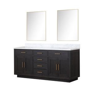 English Elm Black Oak Double Bath Vanity 72” W X 22” D With Luxurious Carrara Marble Top & Frameless Mirrors B2731S02140