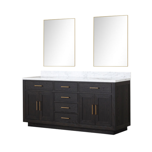 English Elm Black Oak Double Bath Vanity 72” W X 22” D With Luxurious Carrara Marble Top & Frameless Mirrors B2731S02140