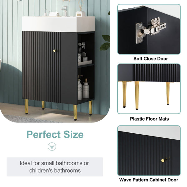 English Elm 21.6" Black Modern Bathroom Vanity with Ceramic Sink, Right Side Storage, Gold Legs & Soft-Close Doors SV000006AAB